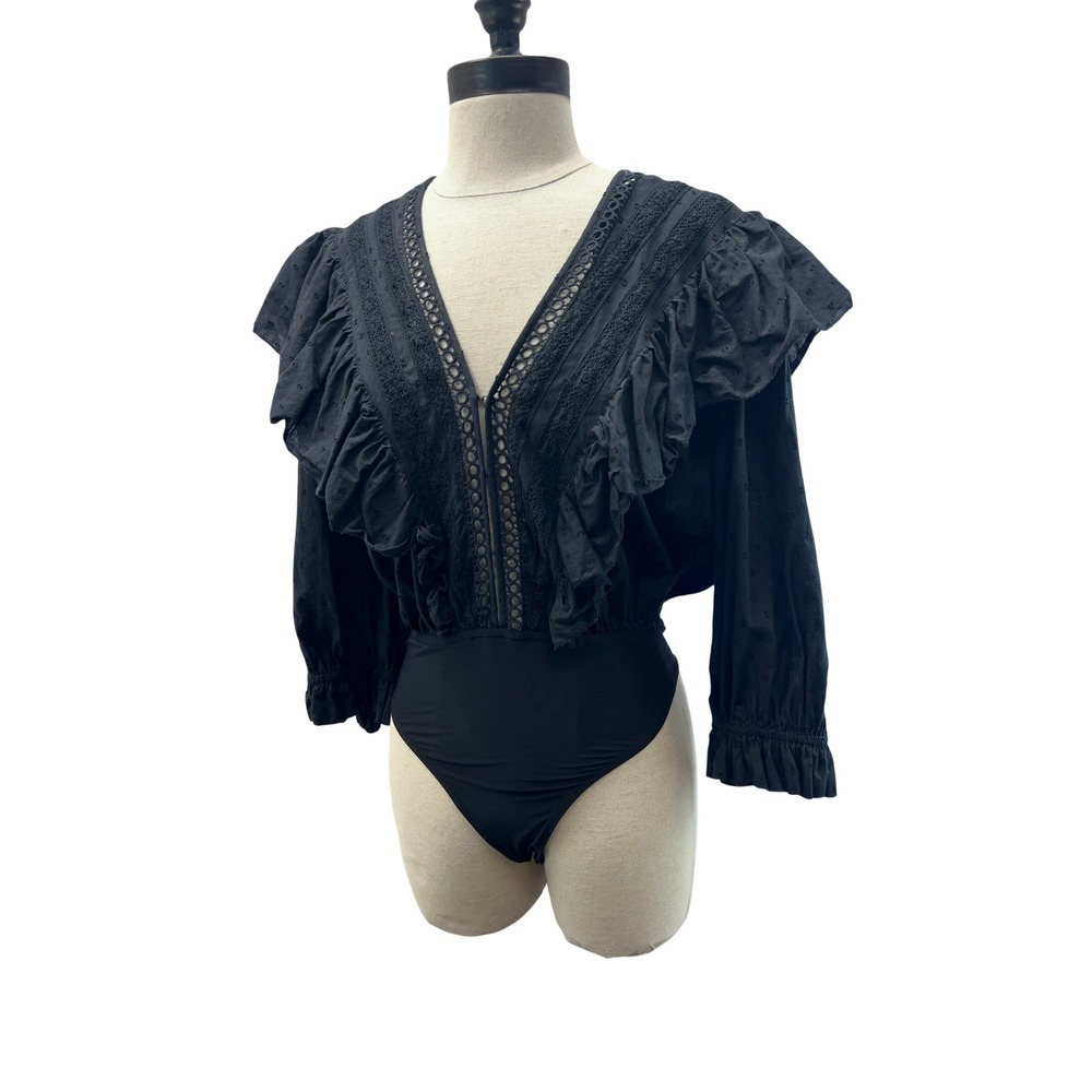 FARM Rio Black Lace-Trim Puff-Sleeve Bodysuit - Picture 5 of 10
